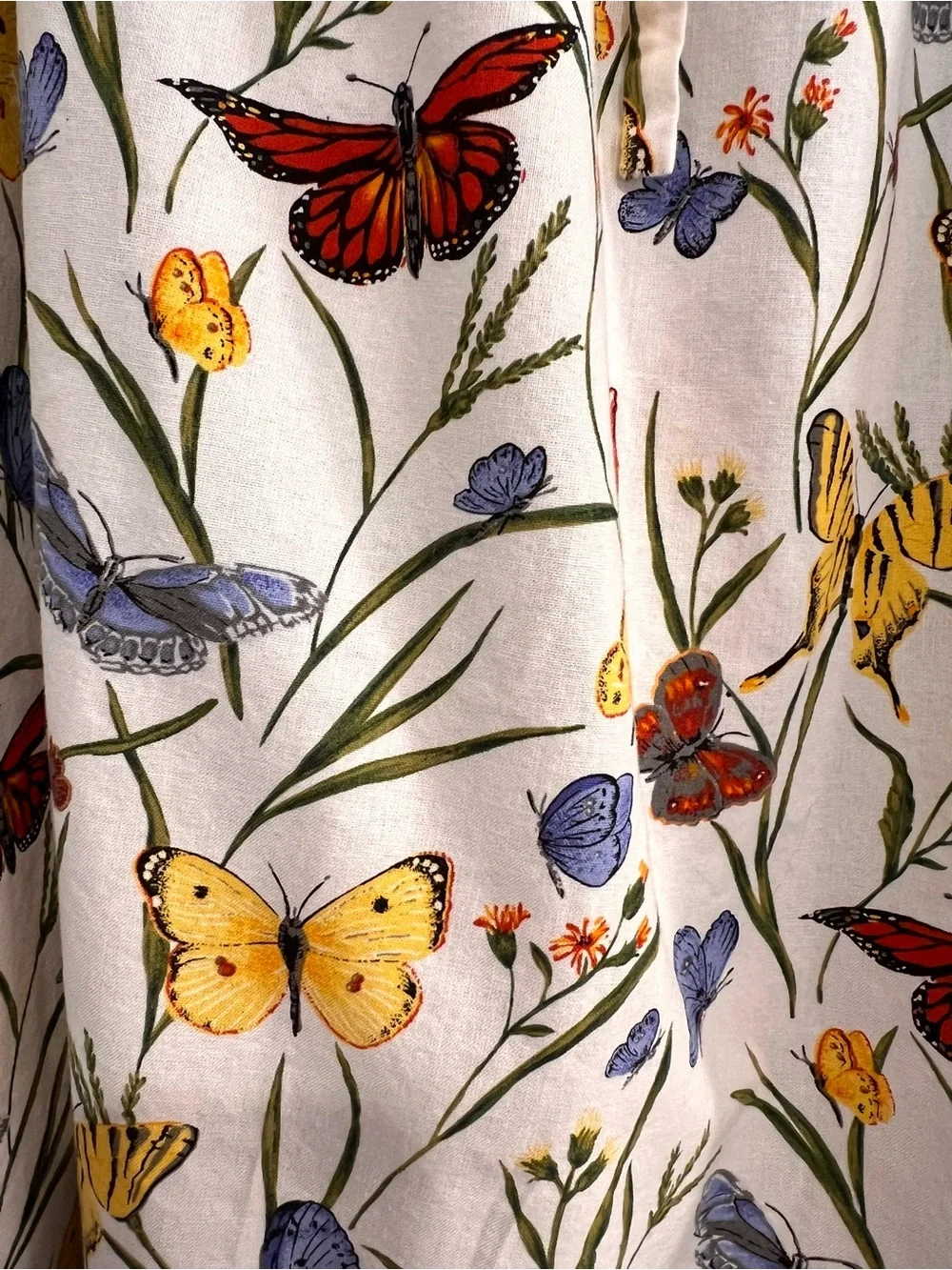 Handmade Butterfly Floral Tiered Midi Skirt White Cotton Red Yellow Blue Ruffle